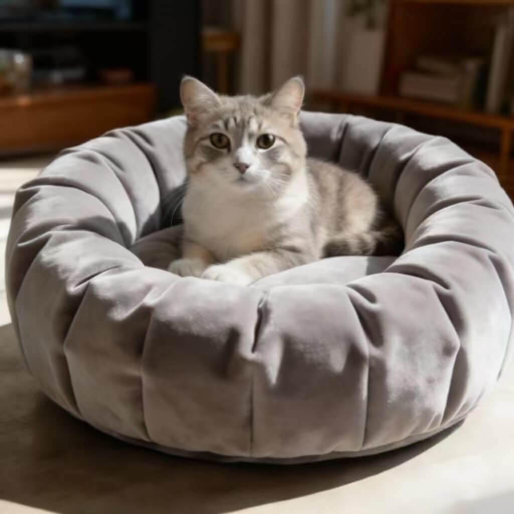 Pleated Velvet Pet Bed for Cats - Gray, Plush, Round, Soft Cushion, All-Season