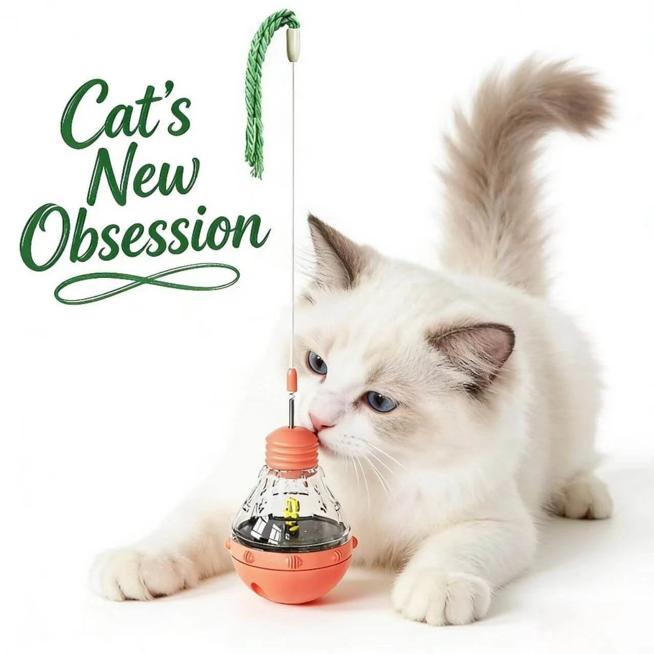 Interactive Cat Treat Toy - Tumbler Base, Hanging Rope, Bulb Design