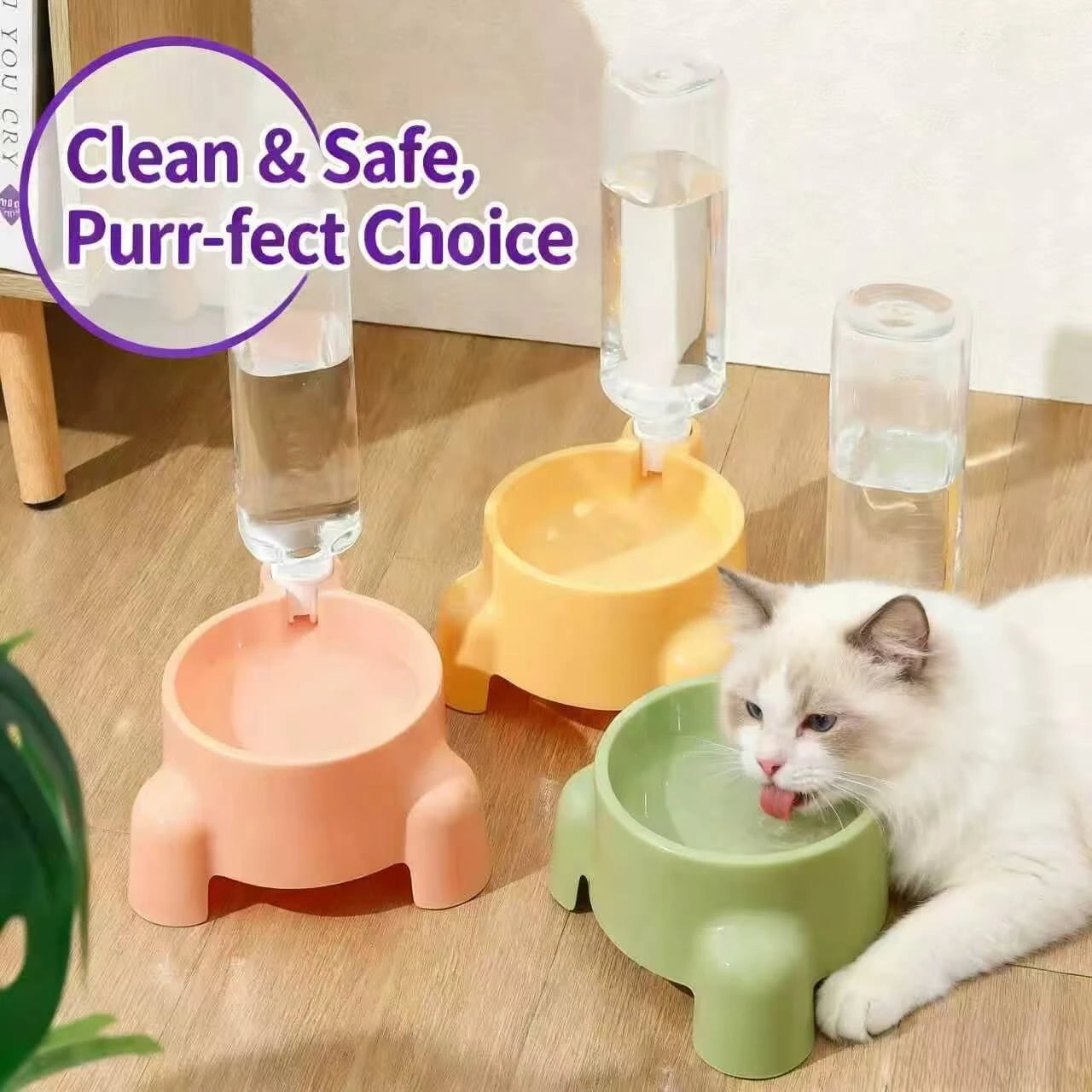 Spill-Proof Pet Feeding Bowl - Water Dispenser, Elevated, Pink/Yellow/Green