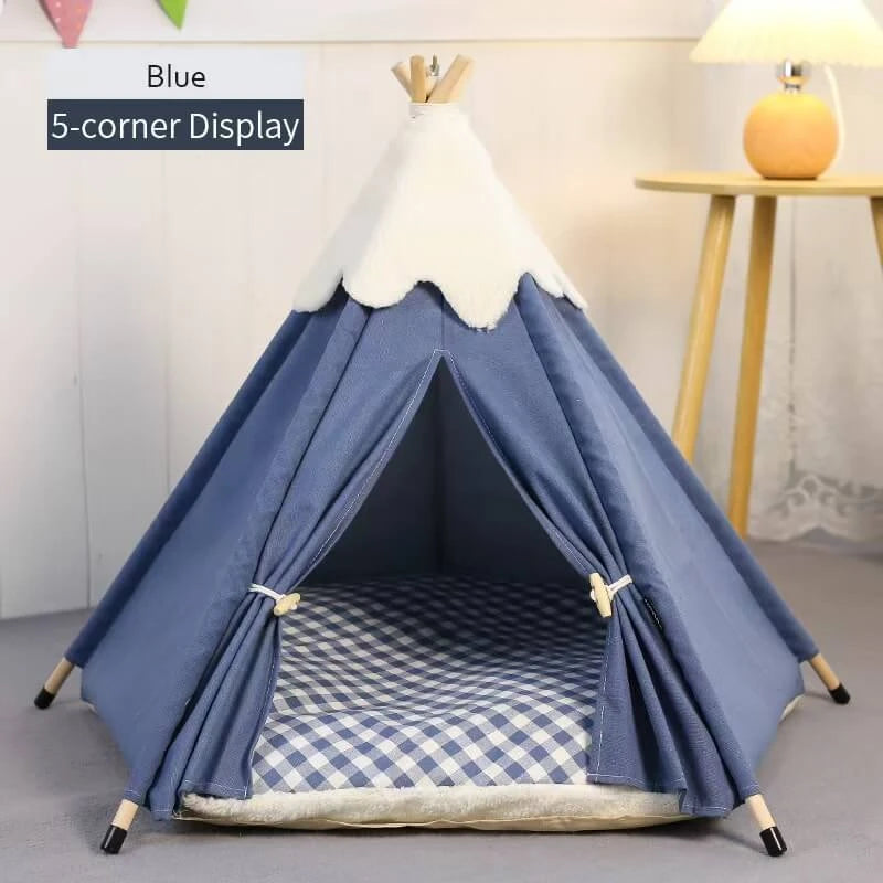 Soft Cat Teepee Tent - Canvas Material, Green, Gingham Cushion for Cozy Rest