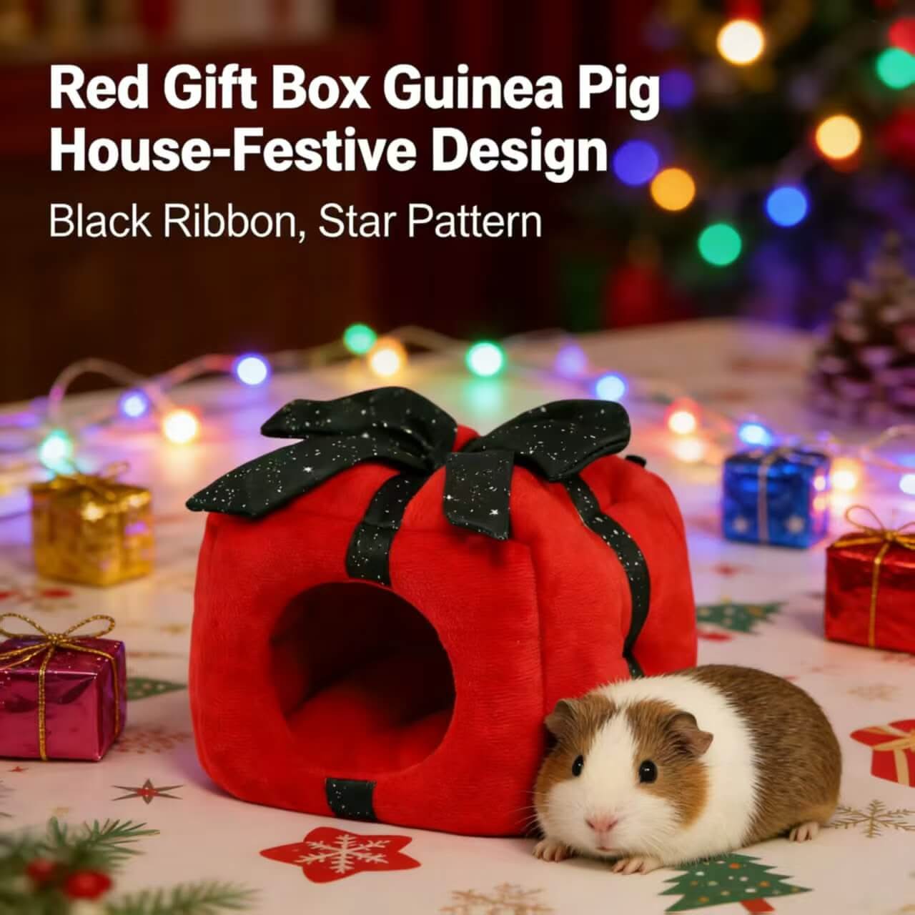 Festive Red Gift Box Guinea Pig House: Black Ribbon, Star Pattern for Guinea Pigs