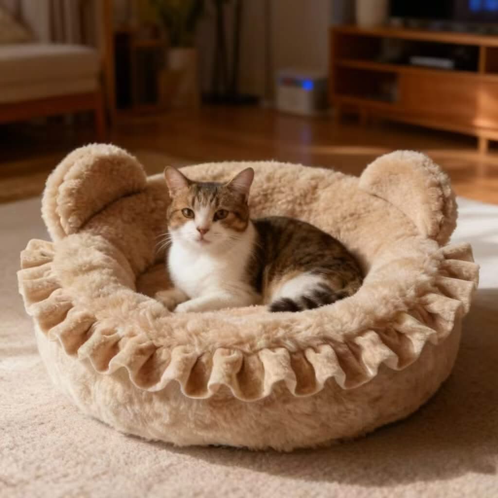 Adorable Ear-Shaped Pet Bed for Cats - Ruffled Trim, Plush Fleece, Beige, Cozy Cushion, All-Season