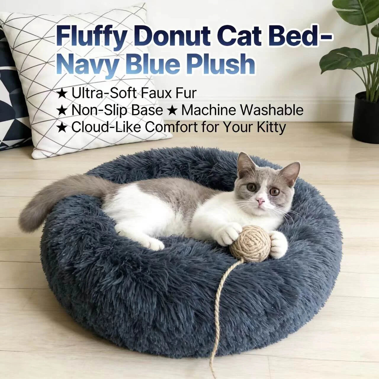 Soft Cozy Pet Bed for Cats - Donut Design, Shaggy Plush, Dark Grey Round Nest