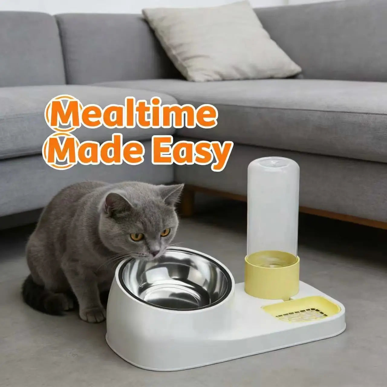 2-in-1 Cat Feeder & Waterer: Stainless Steel Bowl, Auto-Refill (Gray-Yellow)