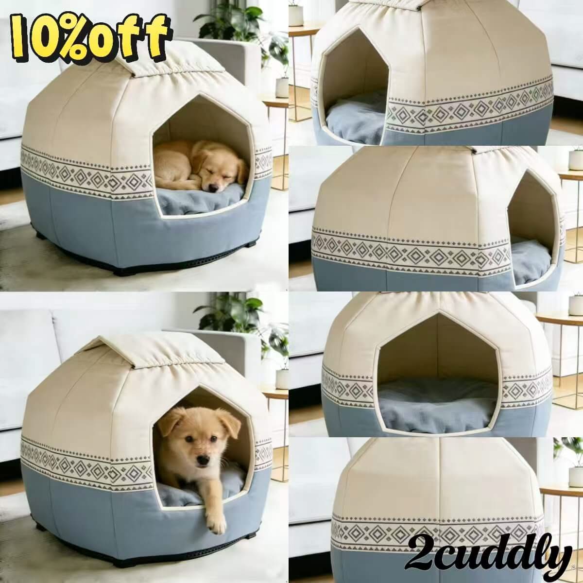 Dog Bed, Beige/Blue Fabric, Soft Lining, Weatherproof, Home Decor Nest