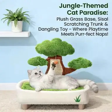 Tree-Themed Plush Cat Bed, White/Green, Scratching Post, Cat Rest & Play Spot
