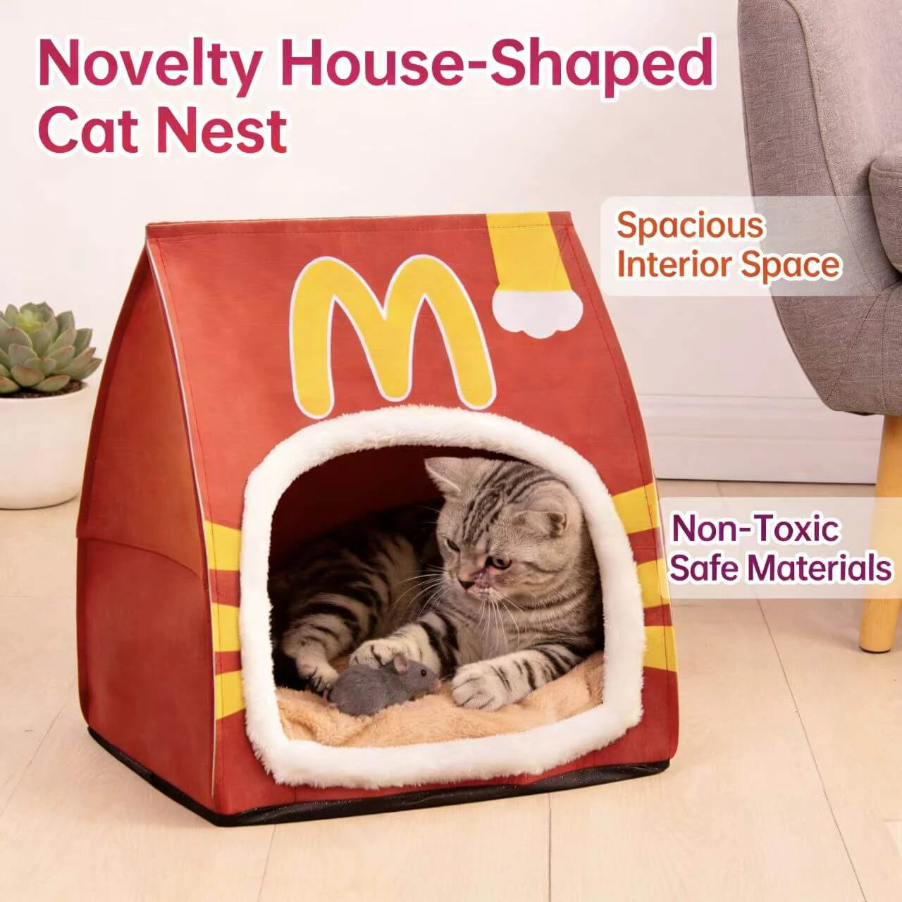 Warm Enclosed Pet Bed for Cats - Snack Box Shape, Canvas, Red/Yellow Rest Cottage