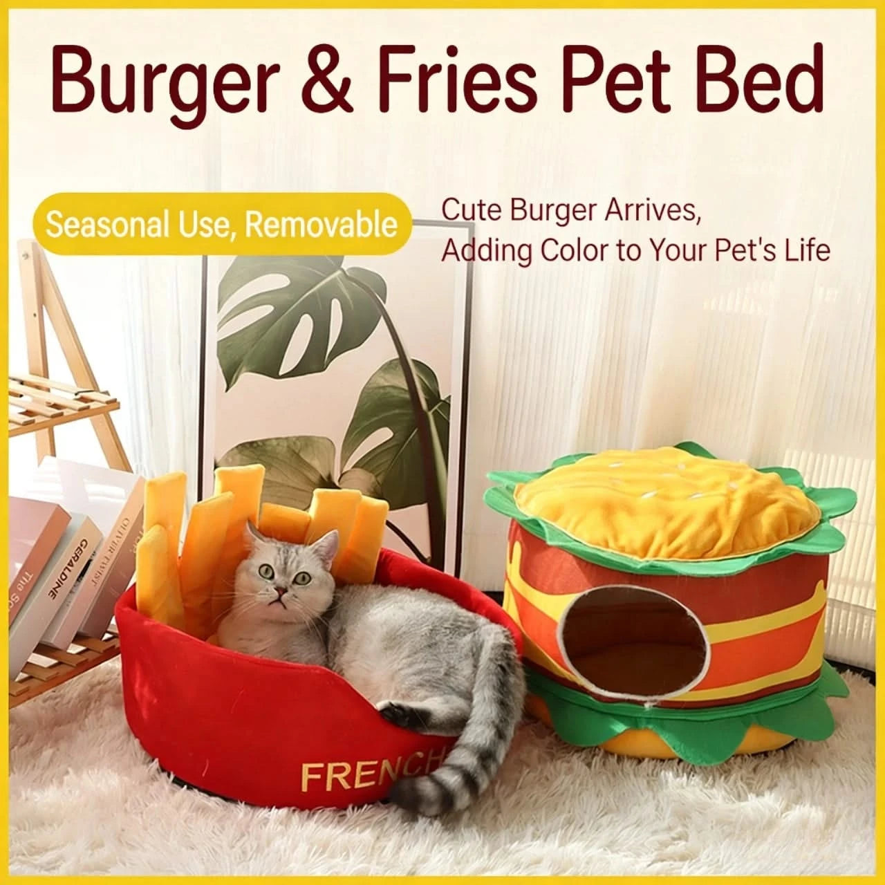  Fun Pet Bed for Cats, Burger Shape, Soft Fabric,  Food Themed, All-Season