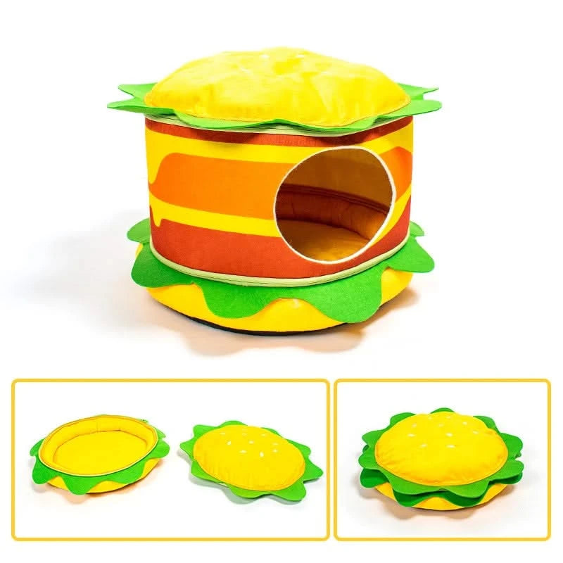  Fun Pet Bed for Cats, Burger Shape, Soft Fabric,  Food Themed, All-Season