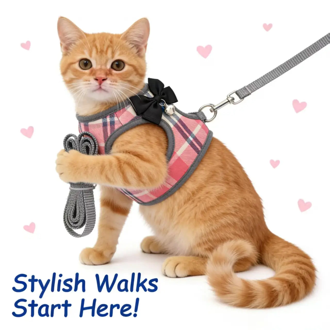 Escape-Proof Cat Harness & Leash: Plaid Print, Bow & Bell Accent