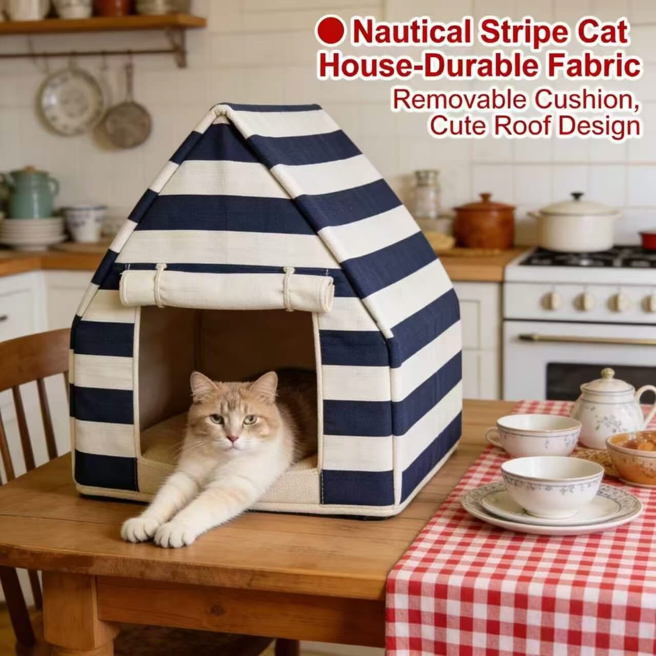 Striped Pet House Bed for Cats - Navy-White, Tent Design, Cozy Hiding Spot, Soft Cushion