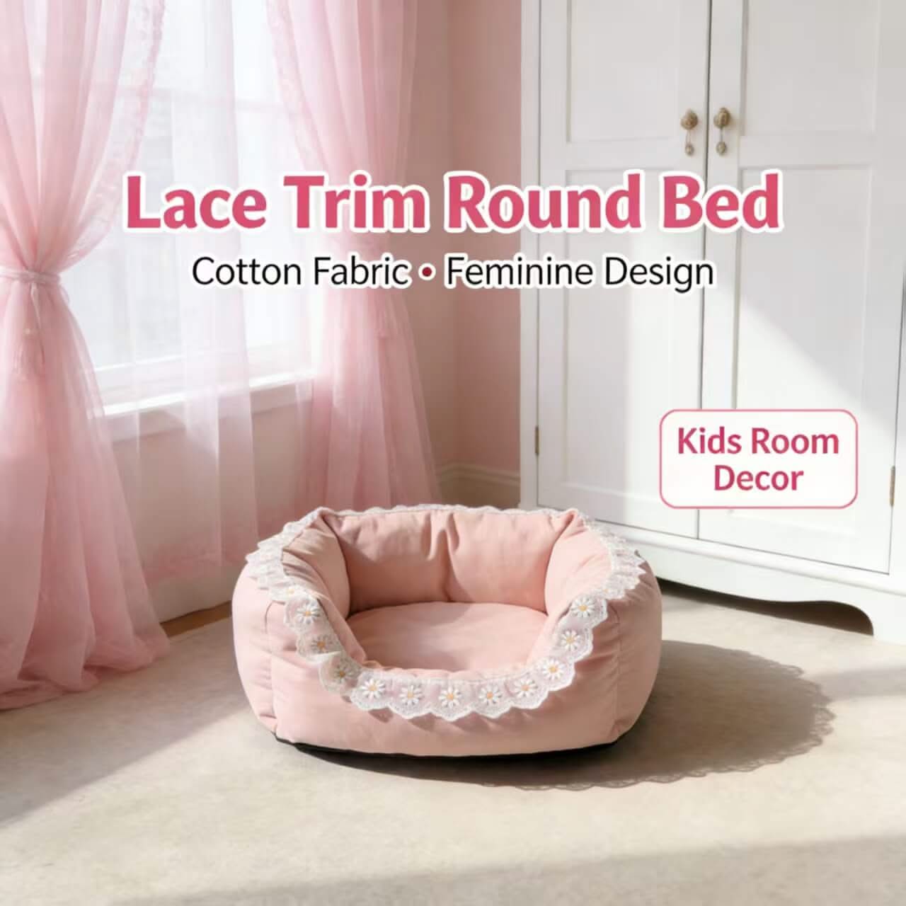 Feminine Kids-Room Pet Bed for Dogs - Round, Pink, Lace Trim, Cotton Fabric