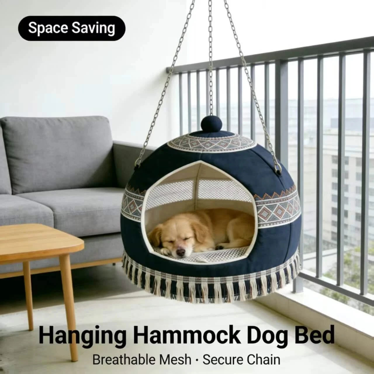 Dog Bed, Hanging Hammock Type, Navy, Breathable Mesh, Secure Chain, Space-Saving Nest