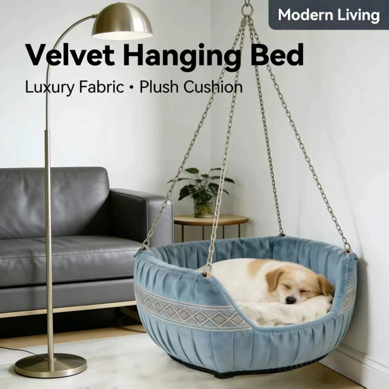 Dog Bed, Hanging Velvet Type, Blue, Plush Cushion, Modern Living Style, All-Season