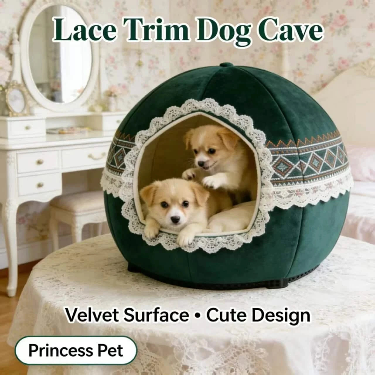 Princess Pet Bed for Dogs, Cave Shape, Velvet Surface, Green, Lace Trim, All-Season