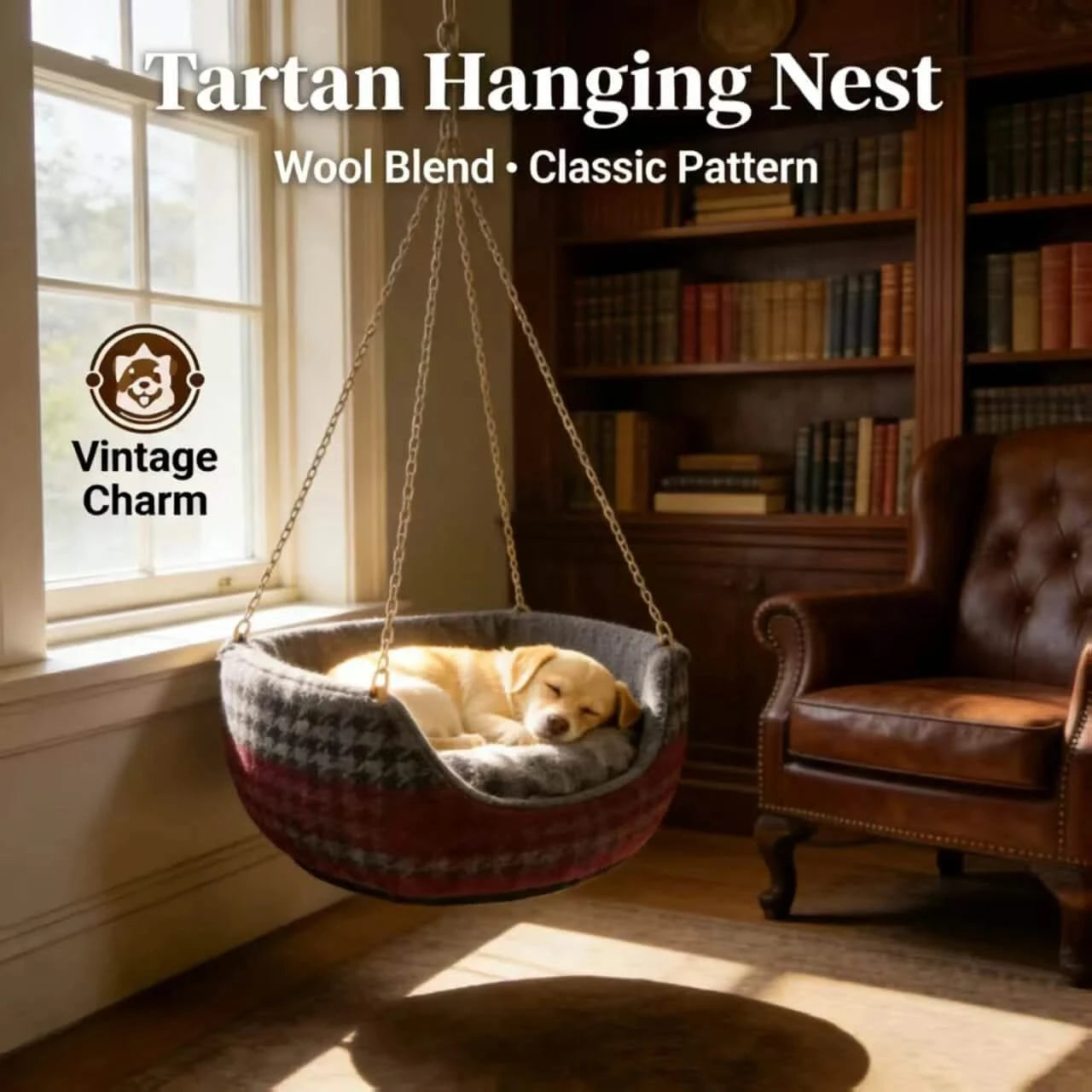 Vintage Hanging Pet Bed for Dogs, Wool Blend, Tartan Pattern, Red/Gray, Classic Nest