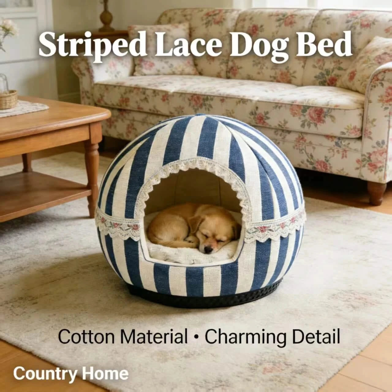 Charming Pet Bed for Dogs, Cave Shape, Cotton Material, Blue/White Stripe, Lace Trim