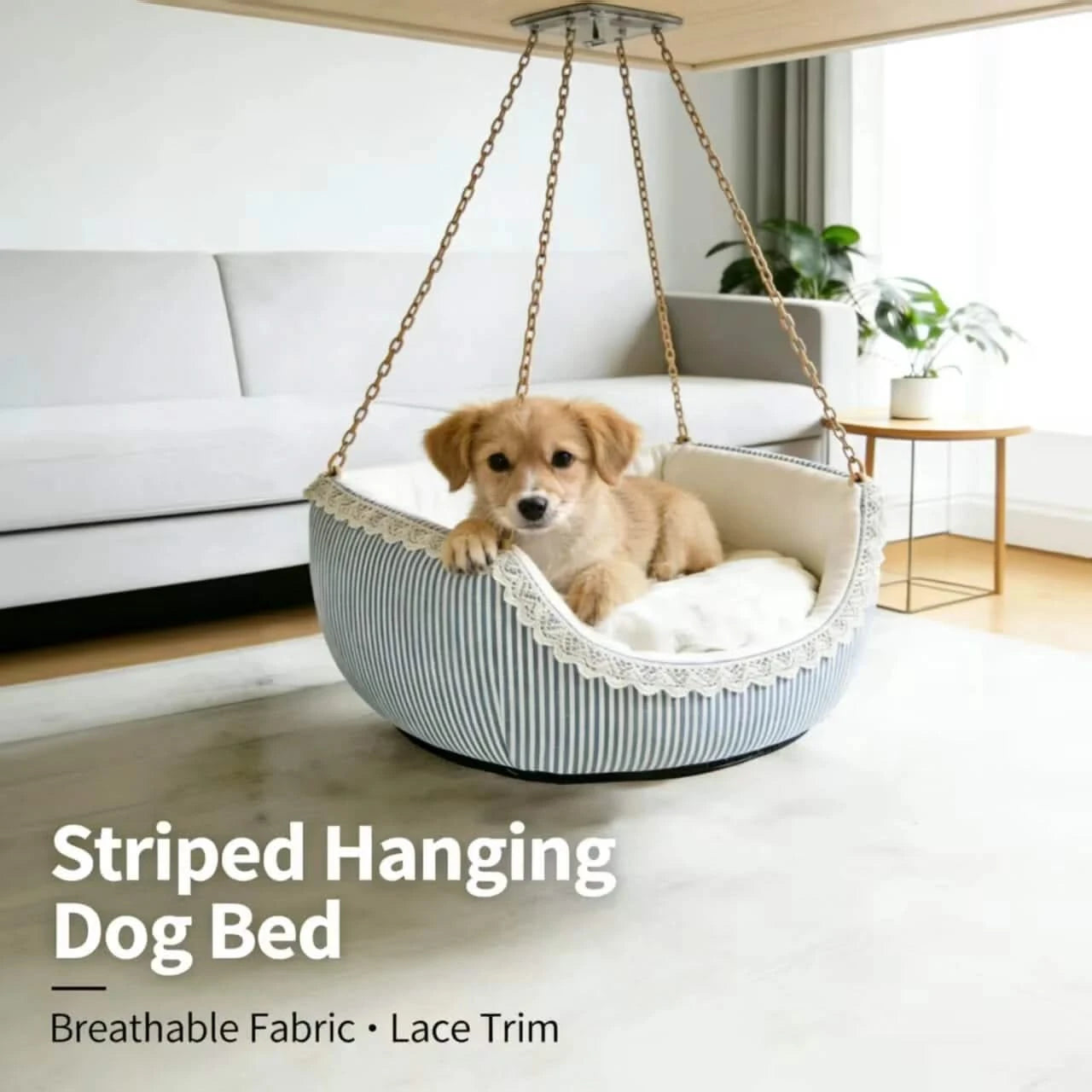 Breathable Hanging Pet Bed for Dogs, Striped Type, Lace Trim, Blue/White