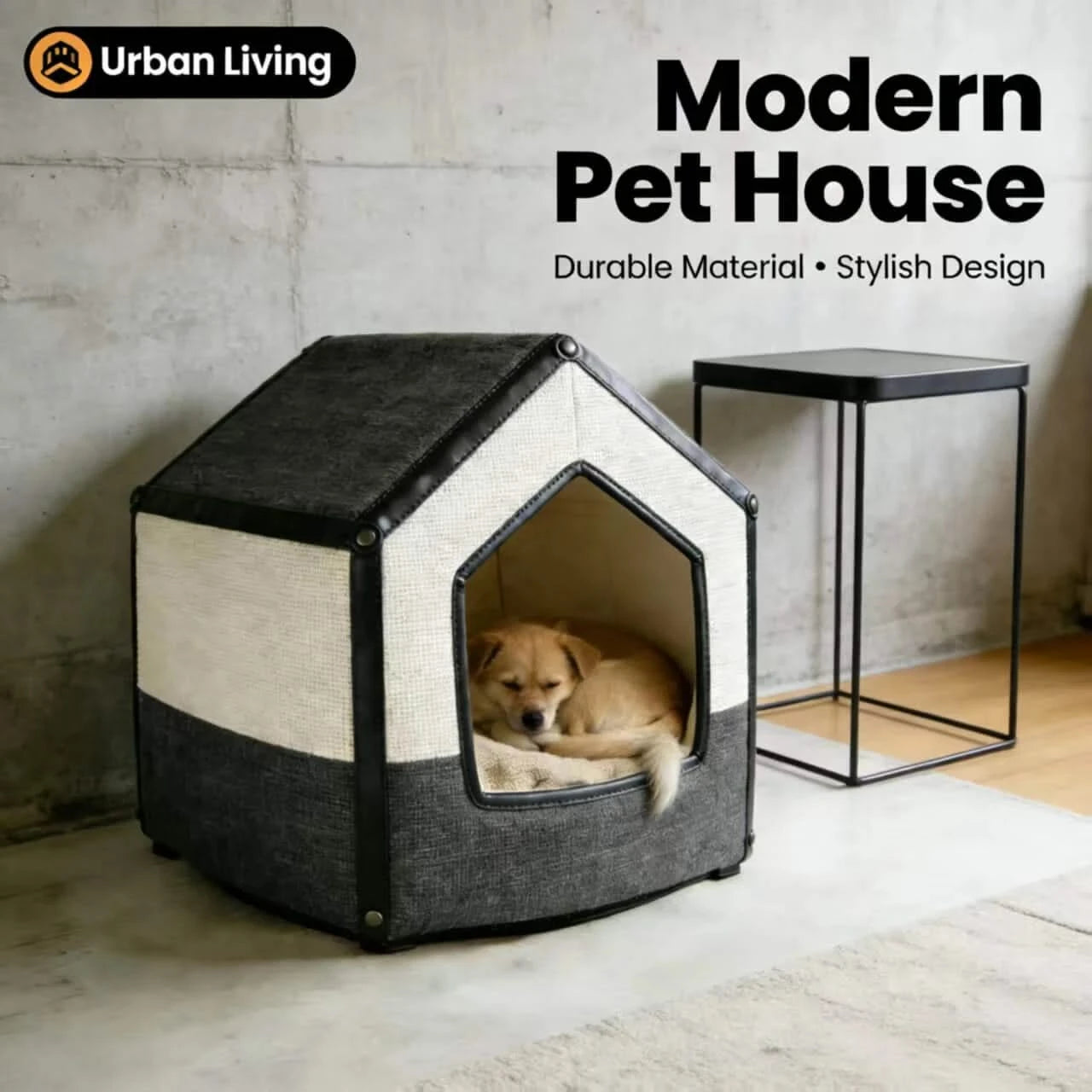 Modern Dog Bed, House Type, Durable Fabric, Gray/White, Urban Living Style