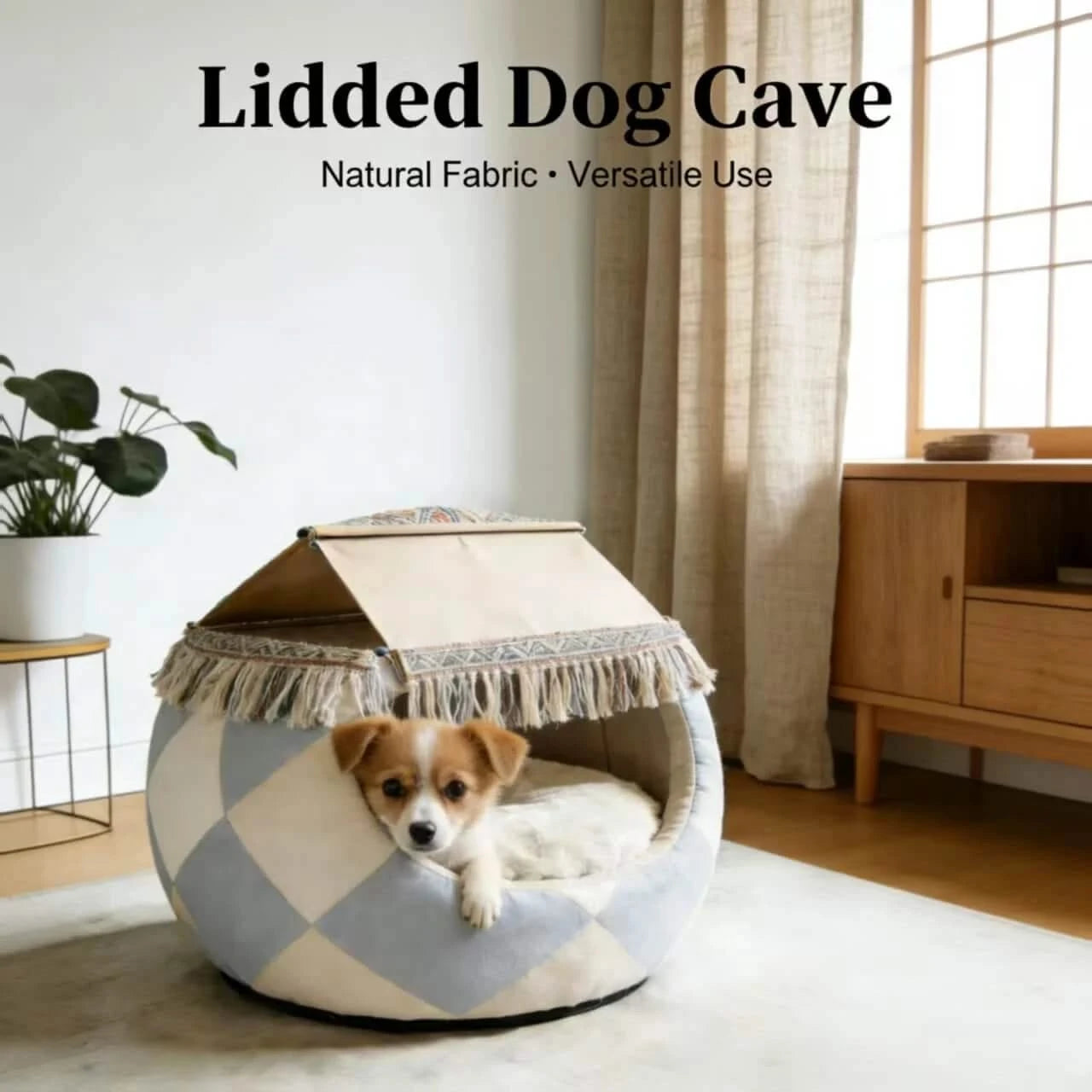 Dog Bed, Lidded Cave Type, Natural Fabric, Blue/White, Fringe Trim