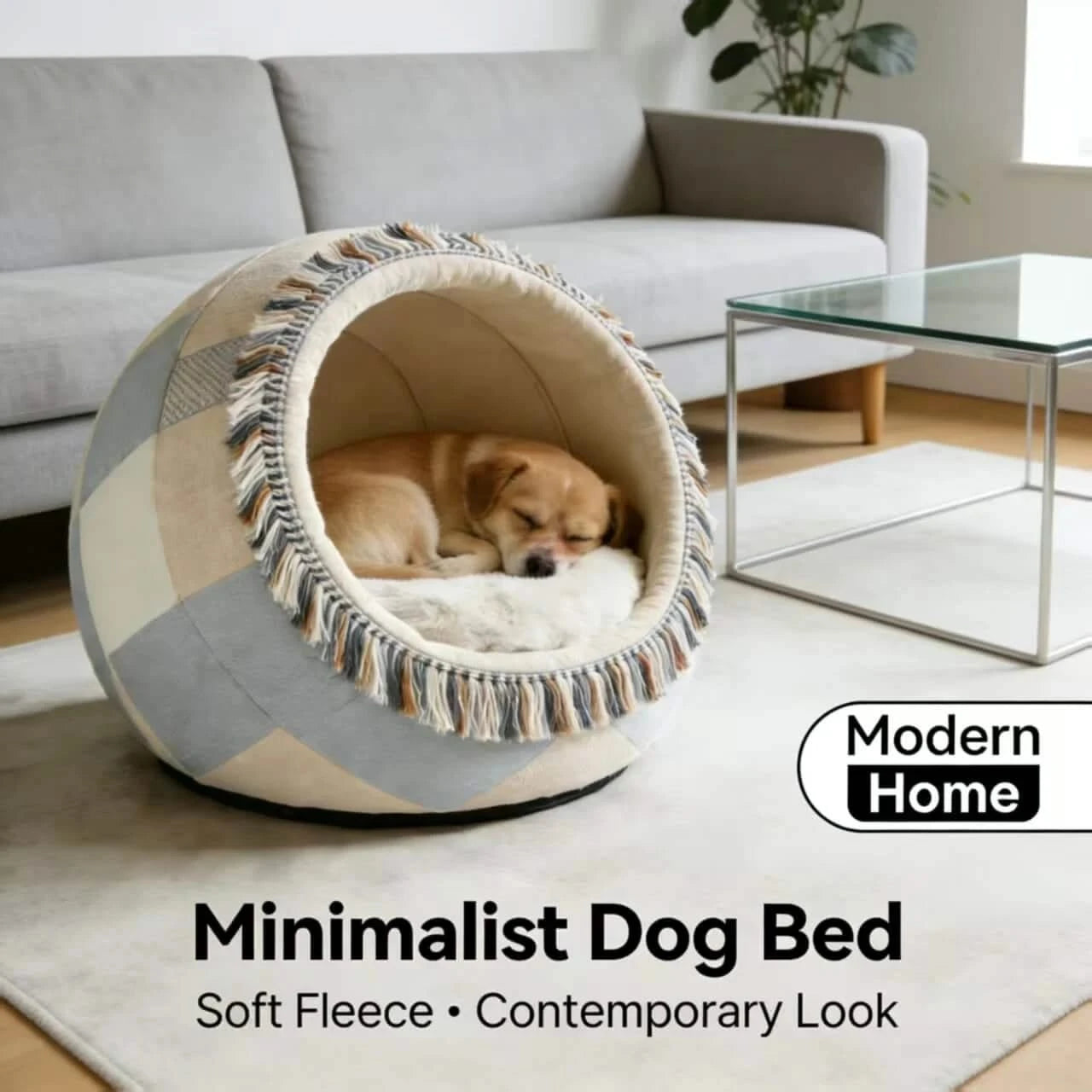 Modern Home Dog Bed, Minimalist Cave Design, Soft Fleece, Gray/Beige, Fringe Trim