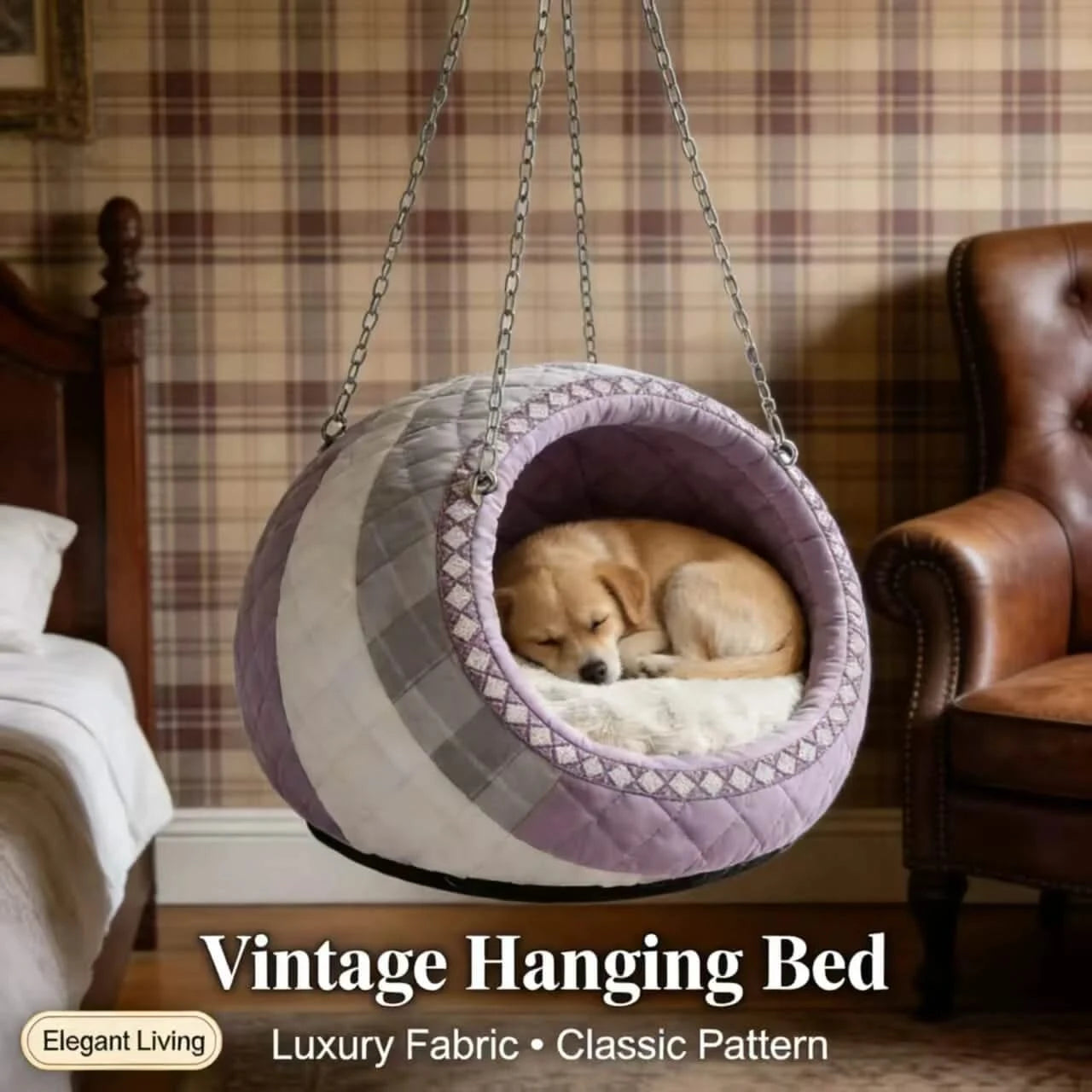 Dog Bed, Hanging Type, Luxury Fabric, Purple/Gray, Classic Pattern