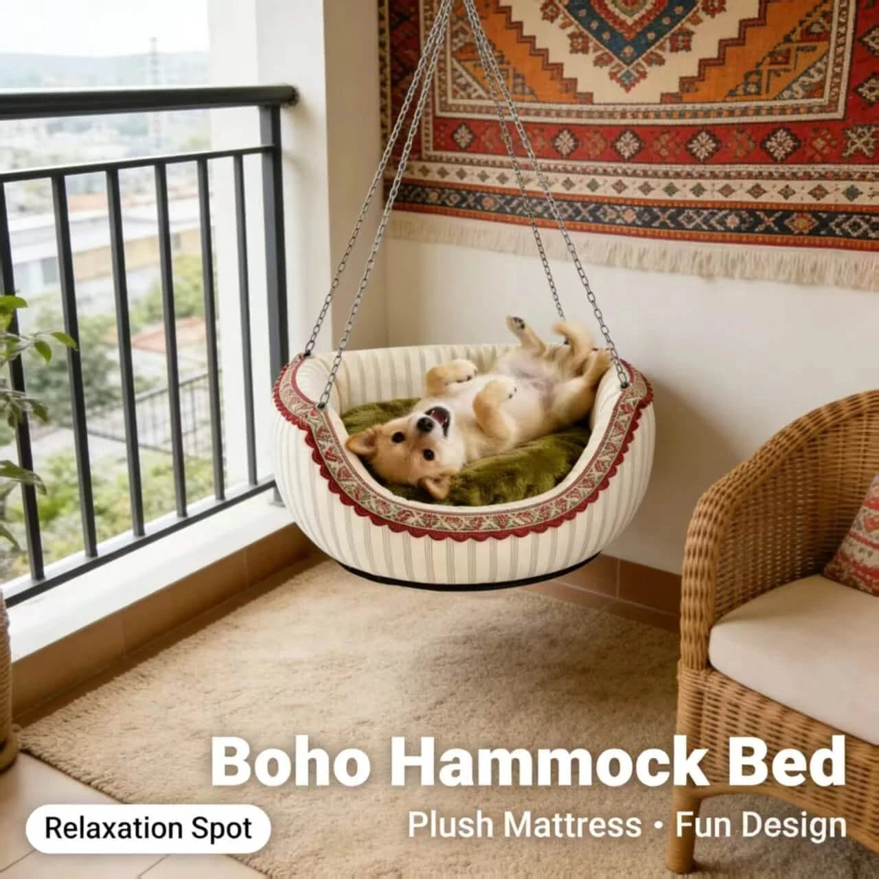 Boho Hammock Dog Bed, Plush Mattress, White/Red Stripe, Fun Design