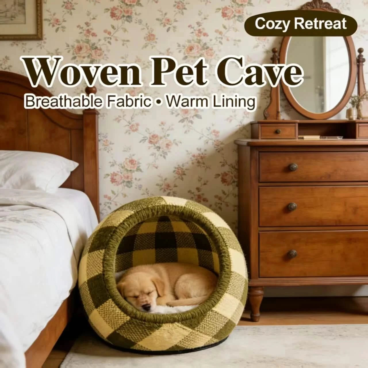 Woven Dog Bed, Cave Design, Breathable Fabric, Green/Yellow Plaid