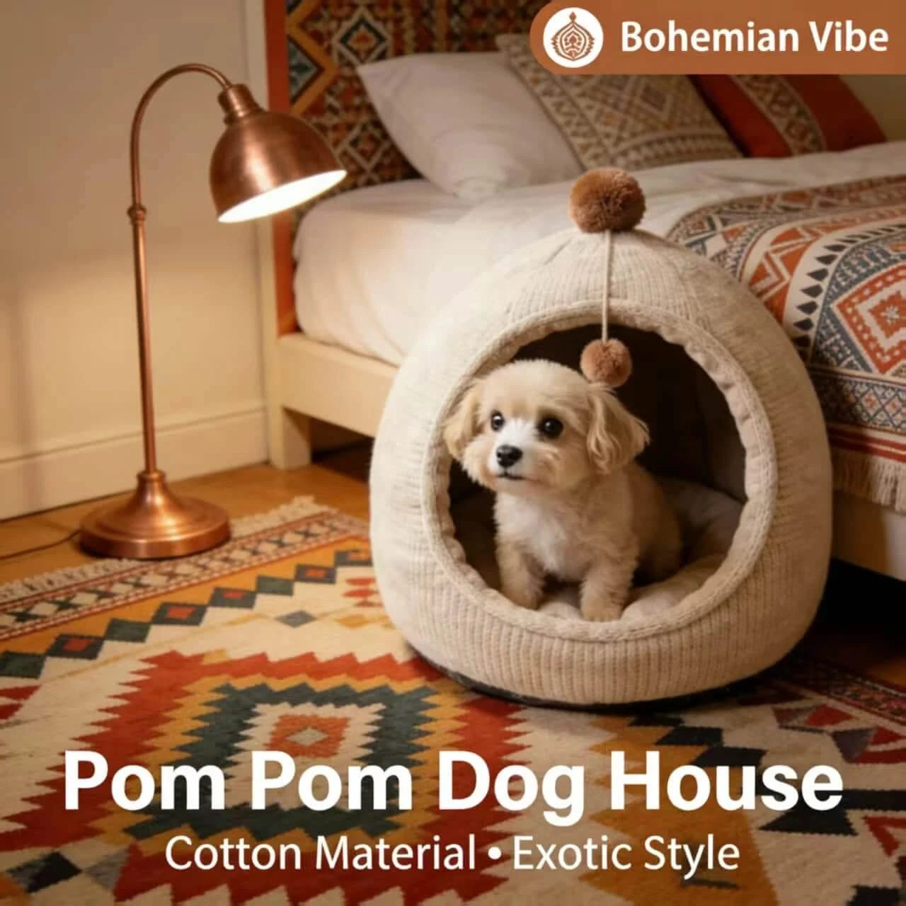 Pom Pom Dog Bed, House Design, Cotton Fabric, Beige, Bohemian Vibe