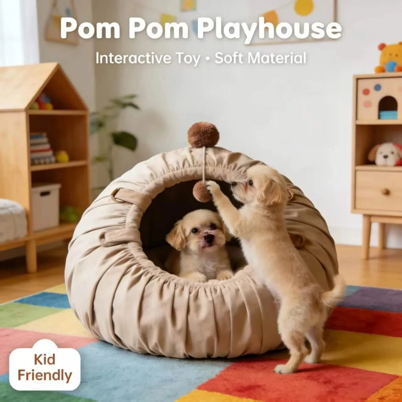 Kid-Friendly Dog Bed, Pom Pom Playhouse Design, Soft Material, Interactive Toy