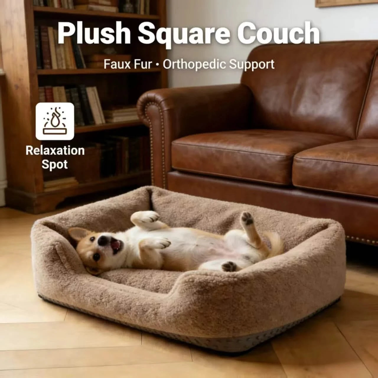 Dog Bed, Square Type, Faux Fur, Beige, Orthopedic Support, Relaxation Spot