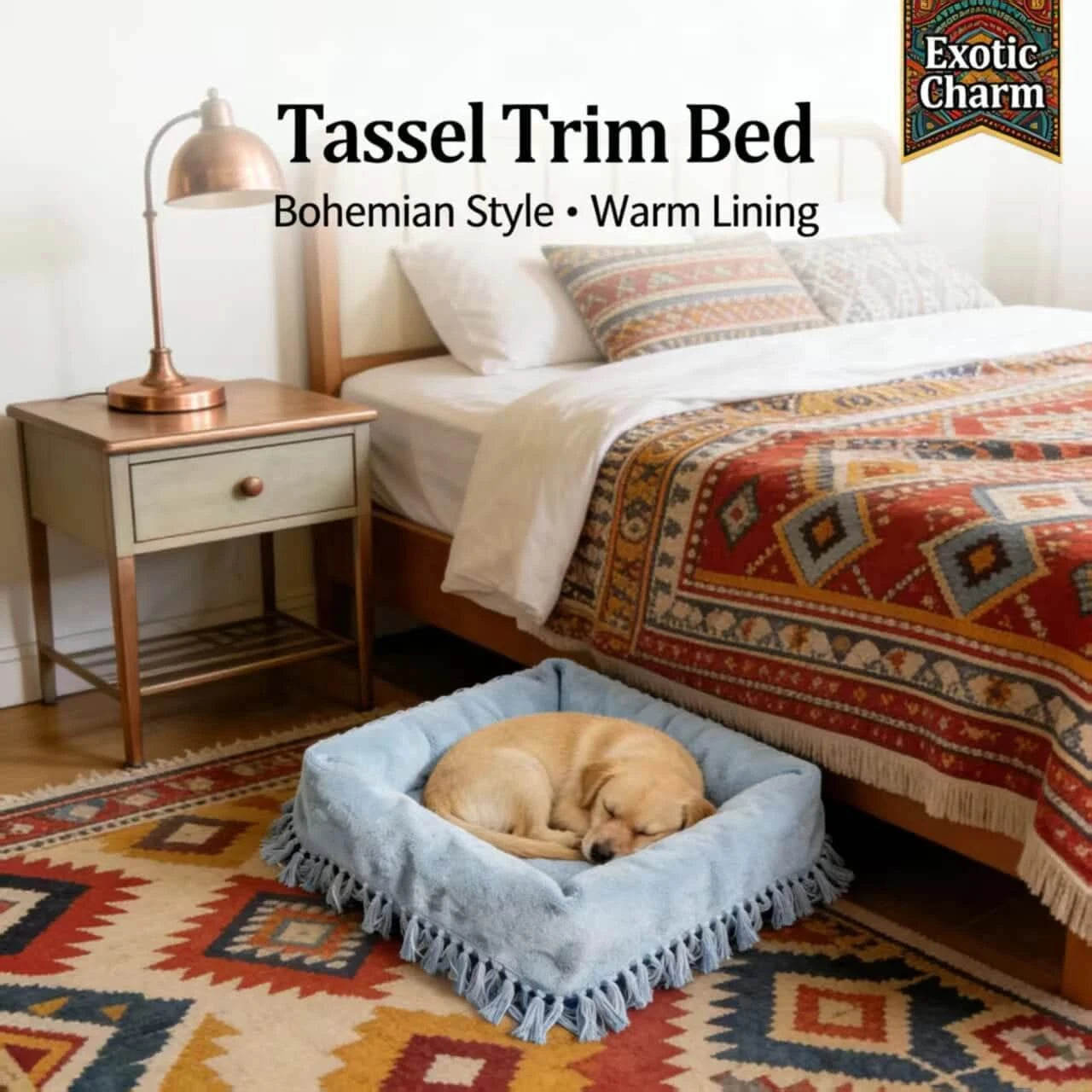 Exotic Charm Dog Bed, Square Design, Tassel Trim, Blue, Bohemian Style, Warm Nest