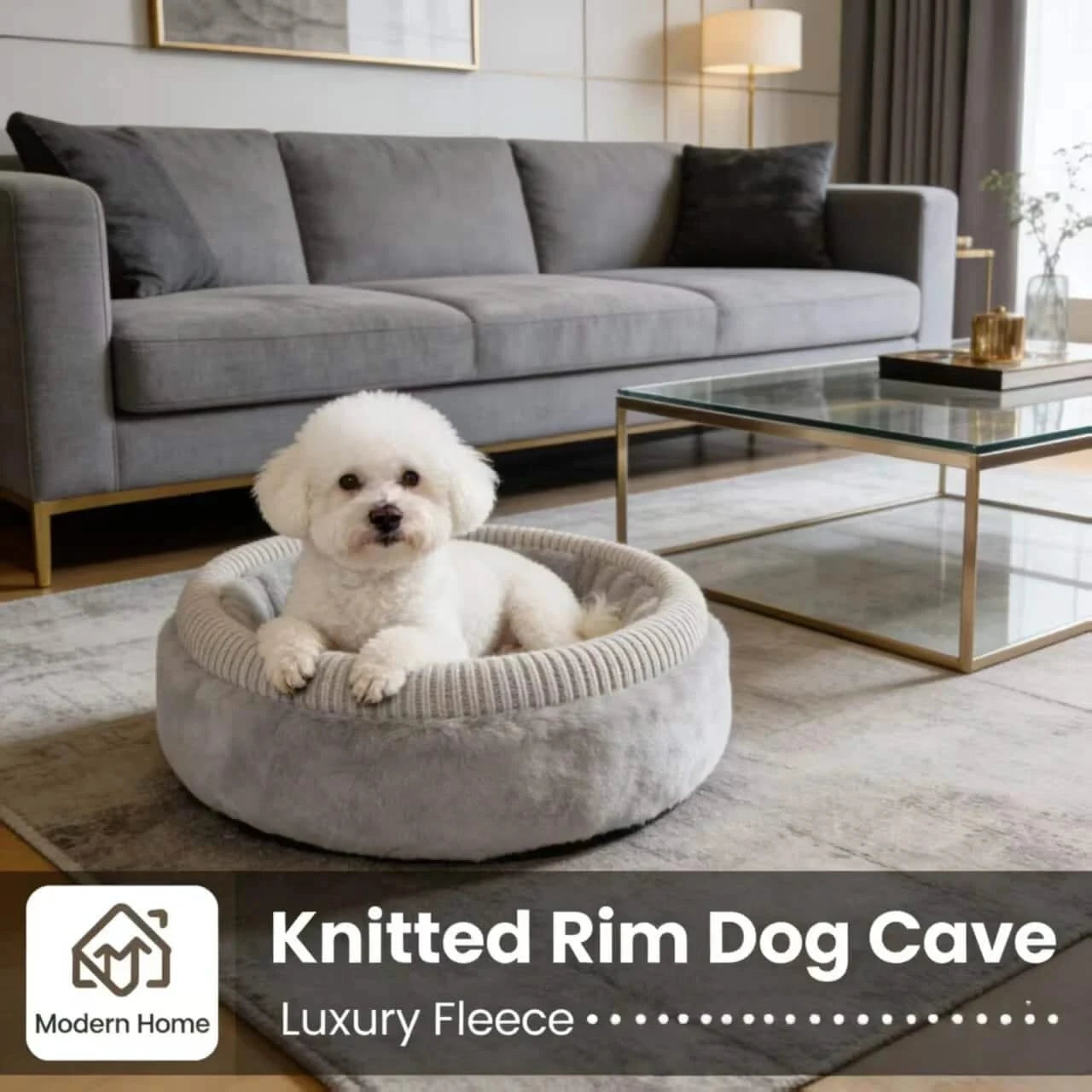Dog Bed, Cave Type, Luxury Fleece, Gray, Knitted Rim, Modern All-Season Nest