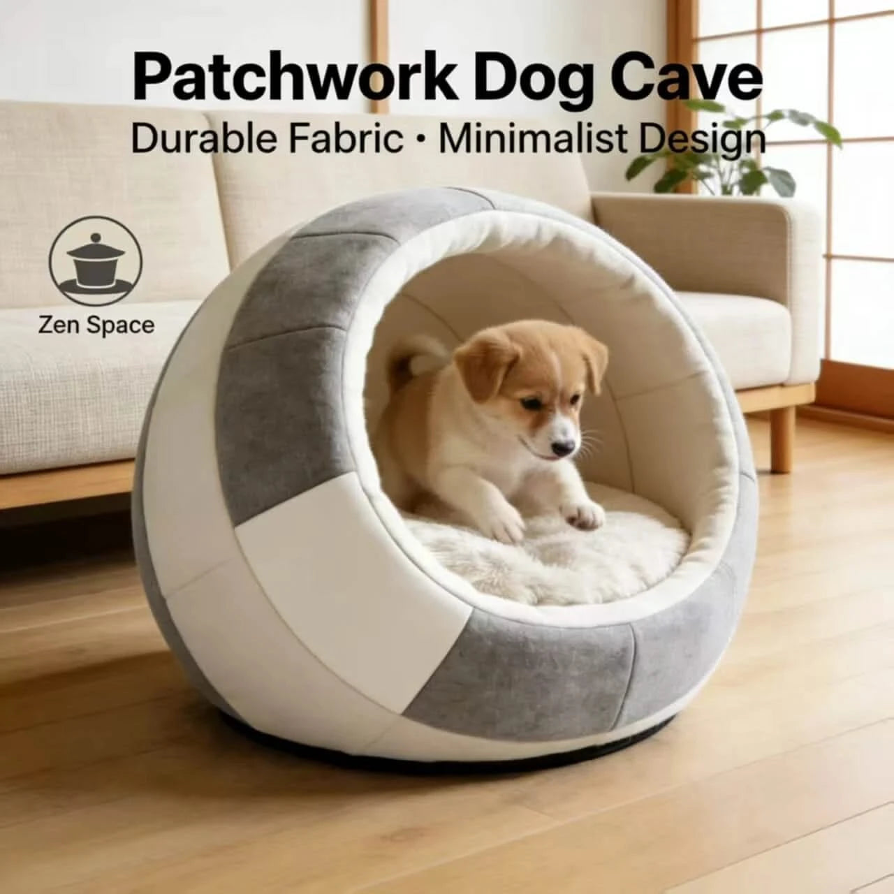 Zen Space Dog Bed, Cave Design, Patchwork, Gray/White, Durable Fabric, Minimalist Nest