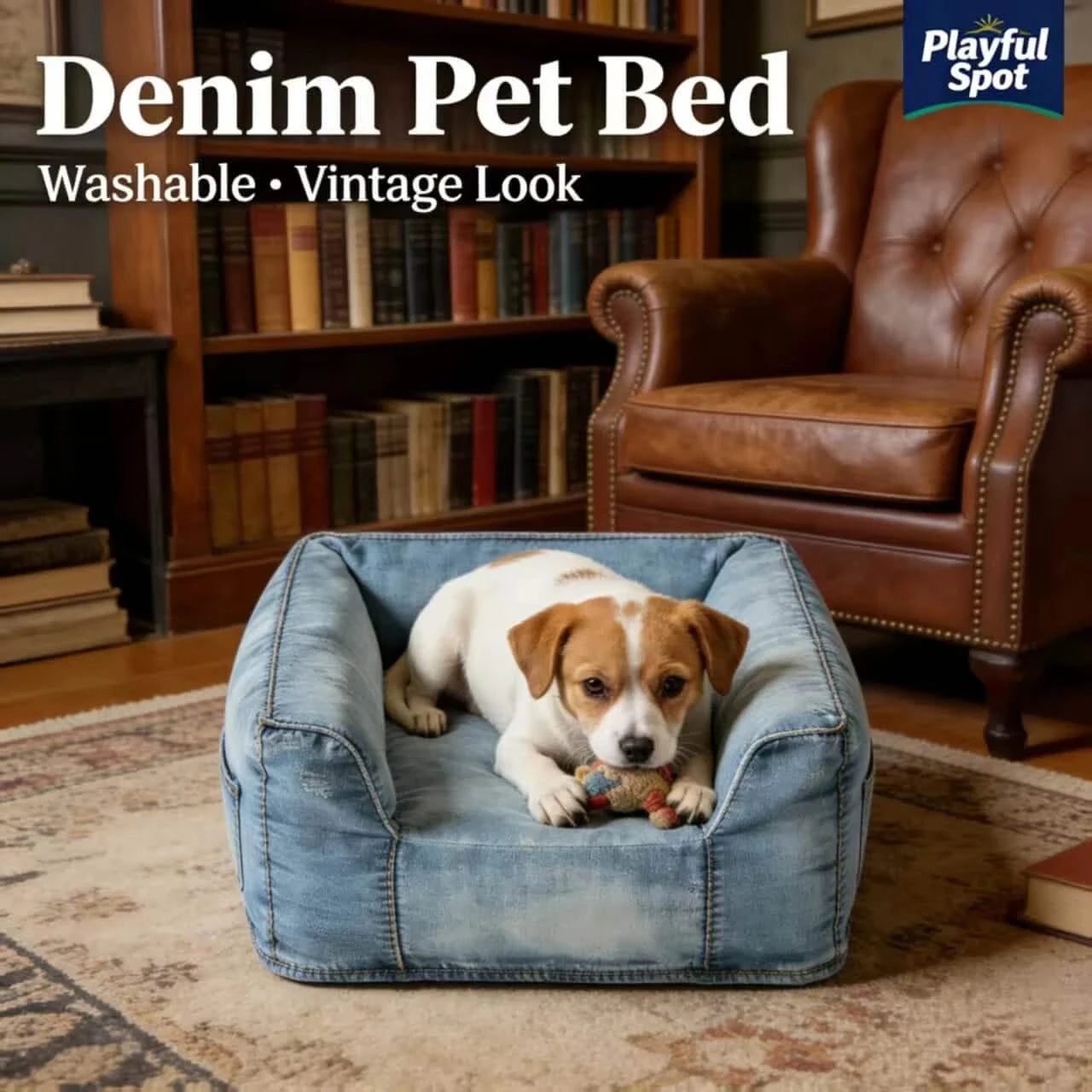 Playful Spot Dog Bed, Square Design, Denim, Blue, Washable, Vintage Nest