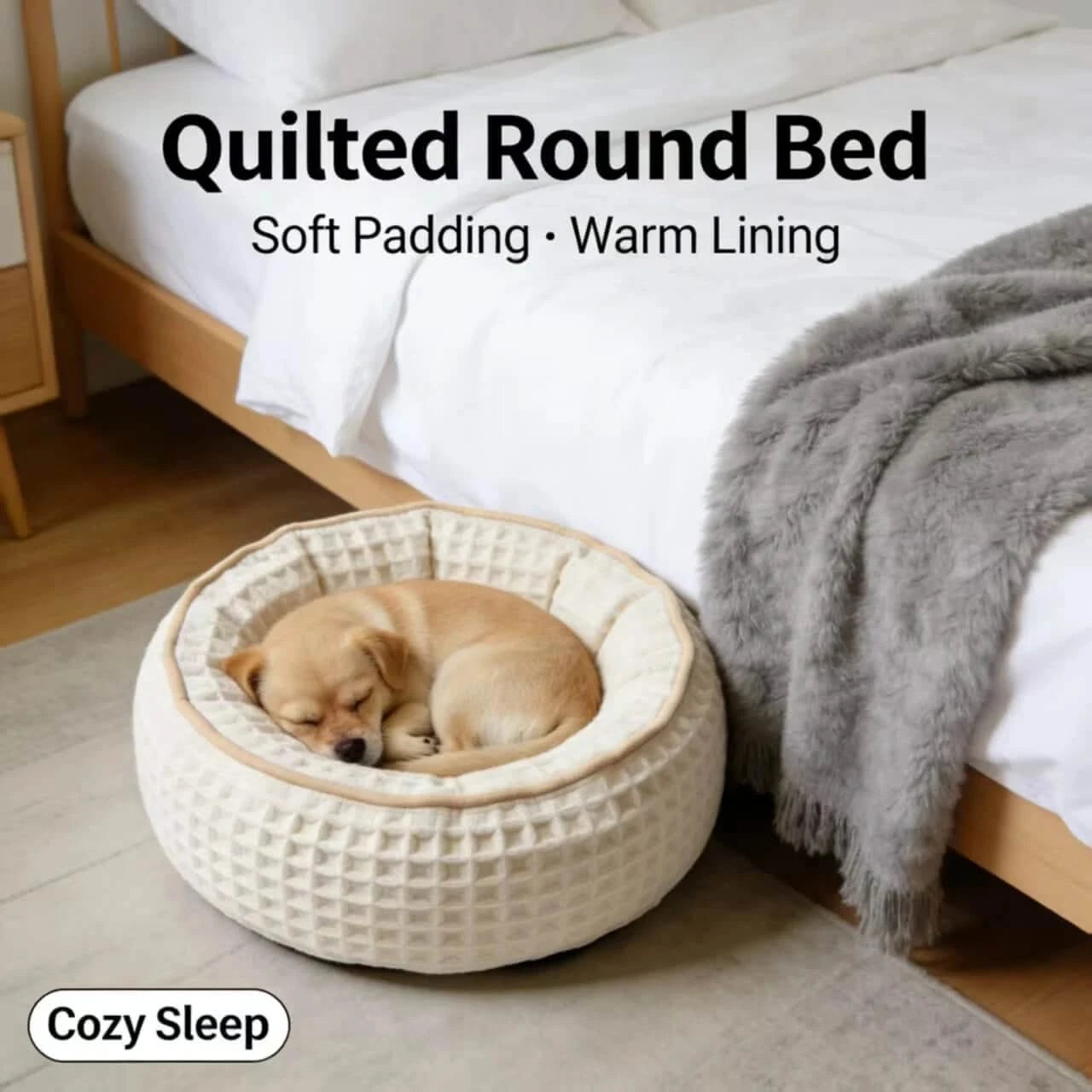 Cozy Quilted Pet Bed for Dogs, Round Shape, Beige, Soft Padding, Warm Lining