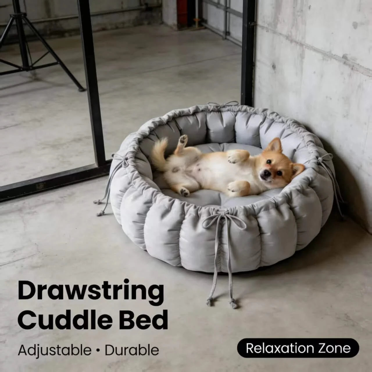 Adjustable Drawstring Pet Bed for Dogs, Round Shape, Gray, Durable, Relaxation Zone