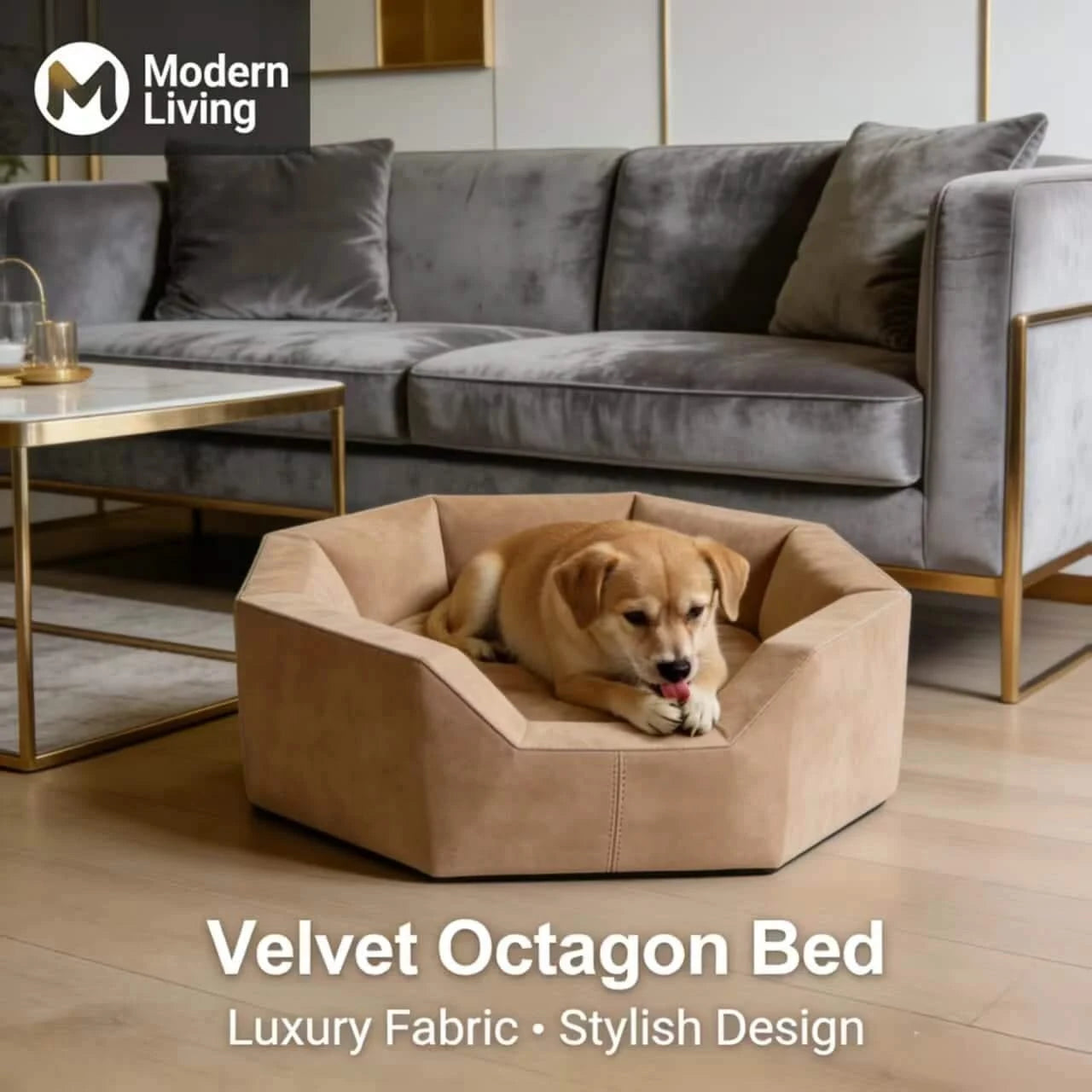 Stylish Velvet Pet Bed for Dogs, Octagon Shape, Beige, Luxury Fabric, Modern Living