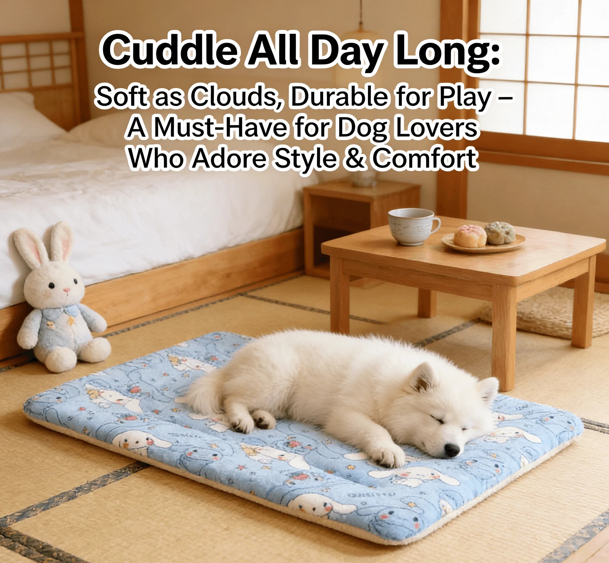 Soft Pet Mat, Light Blue, Bunny Pattern, Cozy Rest Pad for Small-to-Medium Dogs