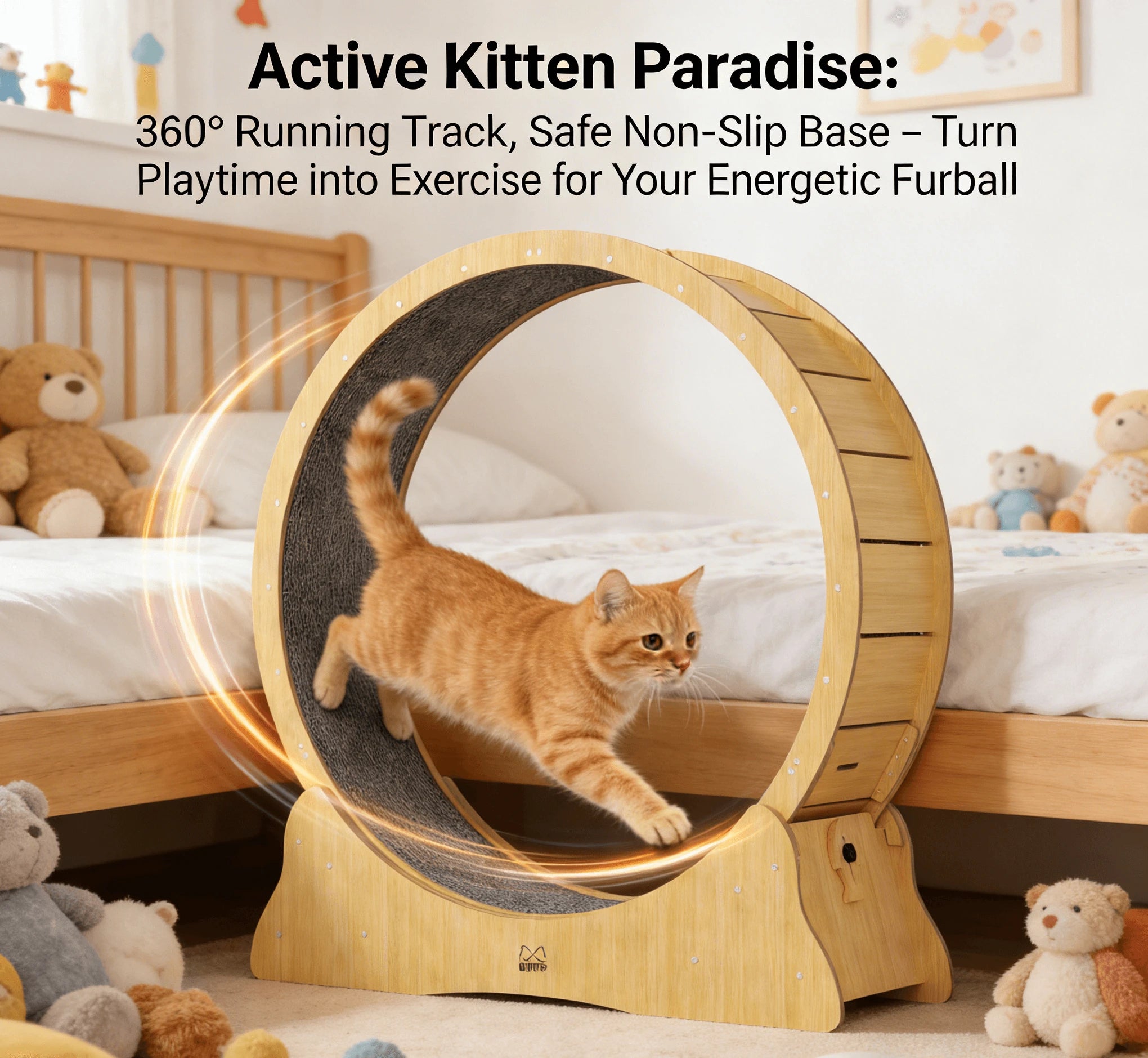 Cat Exercise Wheel, 360° Running Track, Wooden, Non-Slip, Kitten Fitness Toy