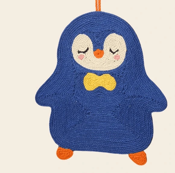 Hanging Cat Scratcher, Penguin Design, Blue/Yellow, Rope, Play & Scratching Tool for Cats