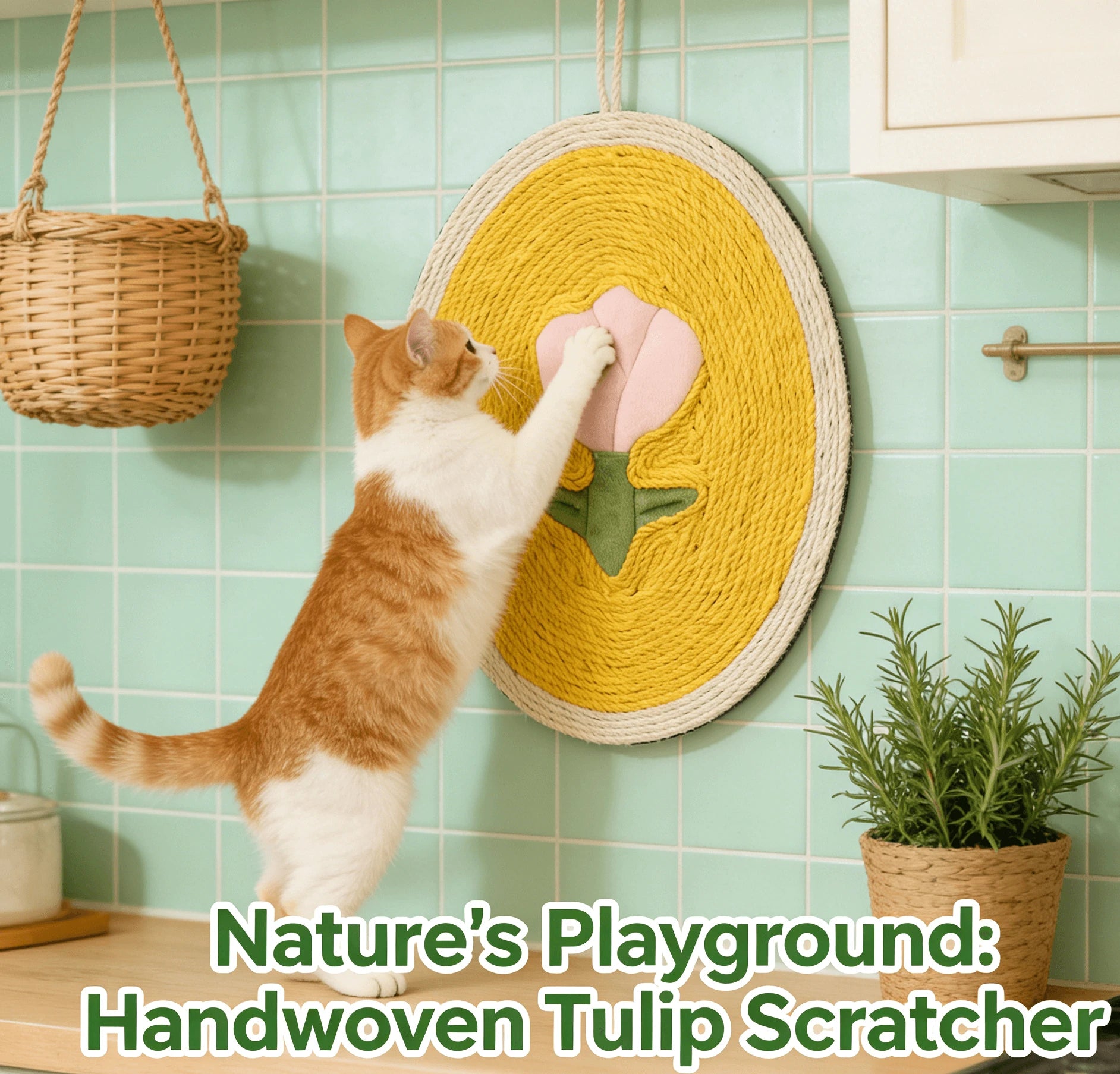 Rope Cat Scratcher, Hanging Tulip Pattern, Yellow/Pink, Cat Scratching Toy