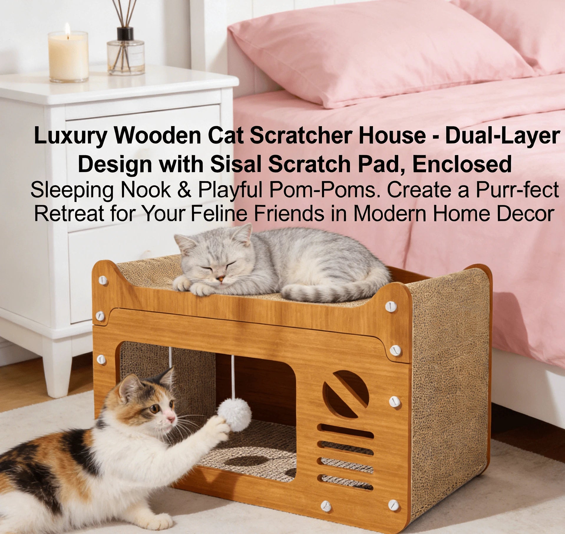 Wooden Cat Bed & Scratcher, Sisal, Hanging Balls, Dual-Function for Cats
