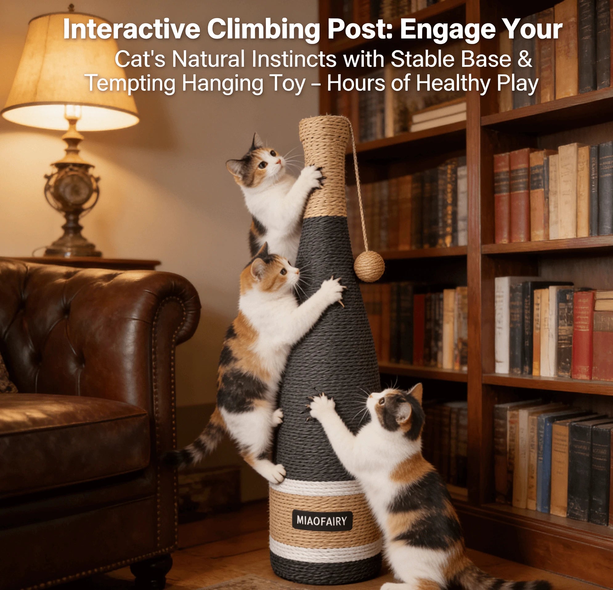 Wine Bottle Cat Scratcher, Black/Beige, Rope, Pom-Pom Toy, Claw Care for Cats