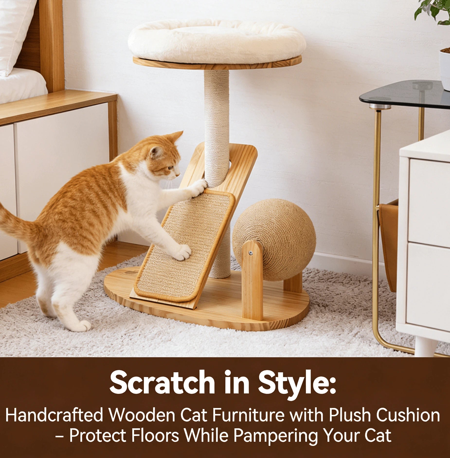 Wooden Cat Tree Scratcher, Sisal, Perch, Ball Toy, Dual-Function for Cats