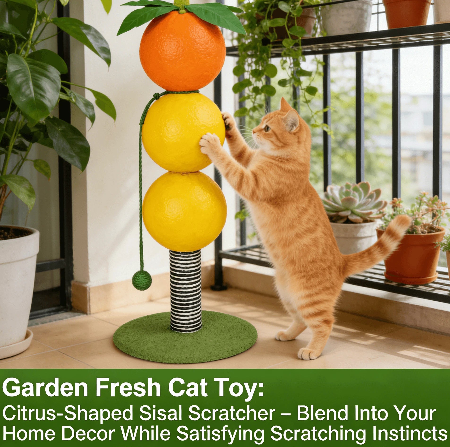 Cat Scratcher, Orange Design, Tiered Balls, Rope, Pom-Pom, Cat Scratching Toy