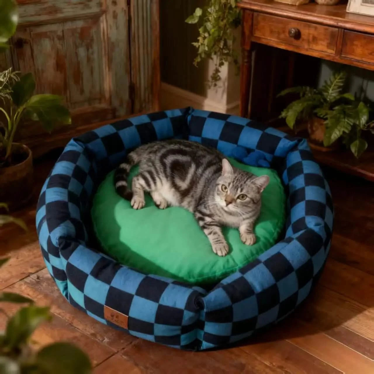 Hexagonal Pet Bed with Raised Edges - Checkerboard Pattern Plush Nest for Pet.