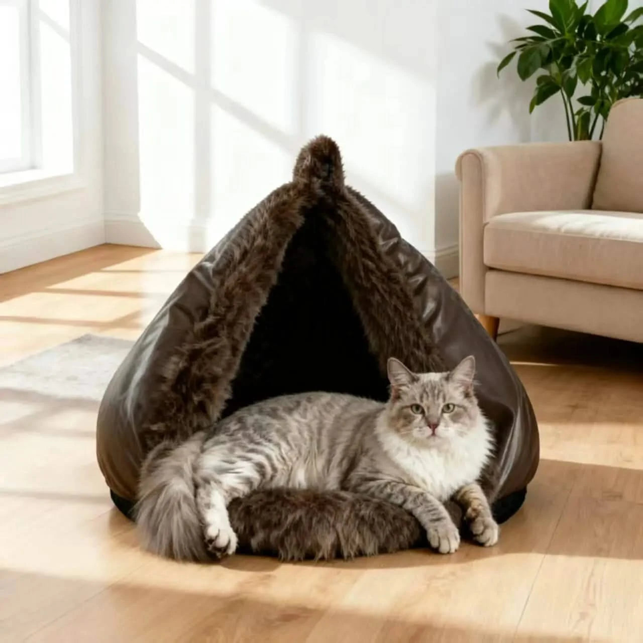 Autumn and Winter soft plush pet bed and pet bed Winter warm and cold plush comforter nest semi-enclosed cat nest.