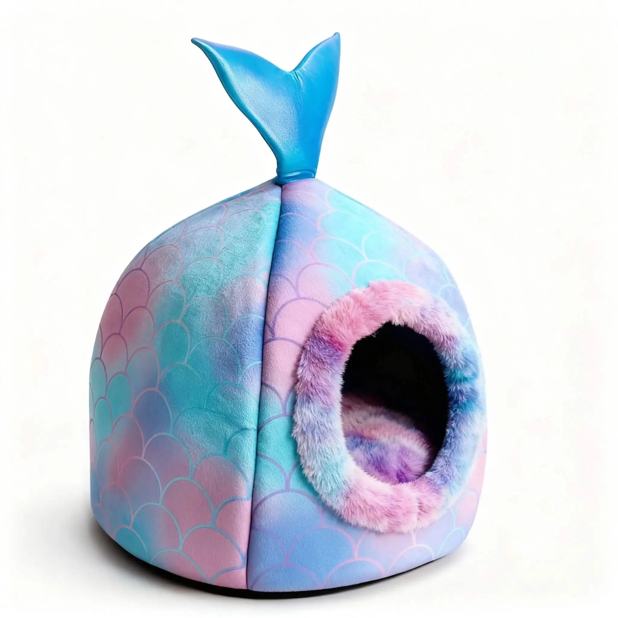 Mermaid Tail Pet Cave Bed - Gradient Scale Plush Enclosed Nest for Cats & Small Indoor Pets.
