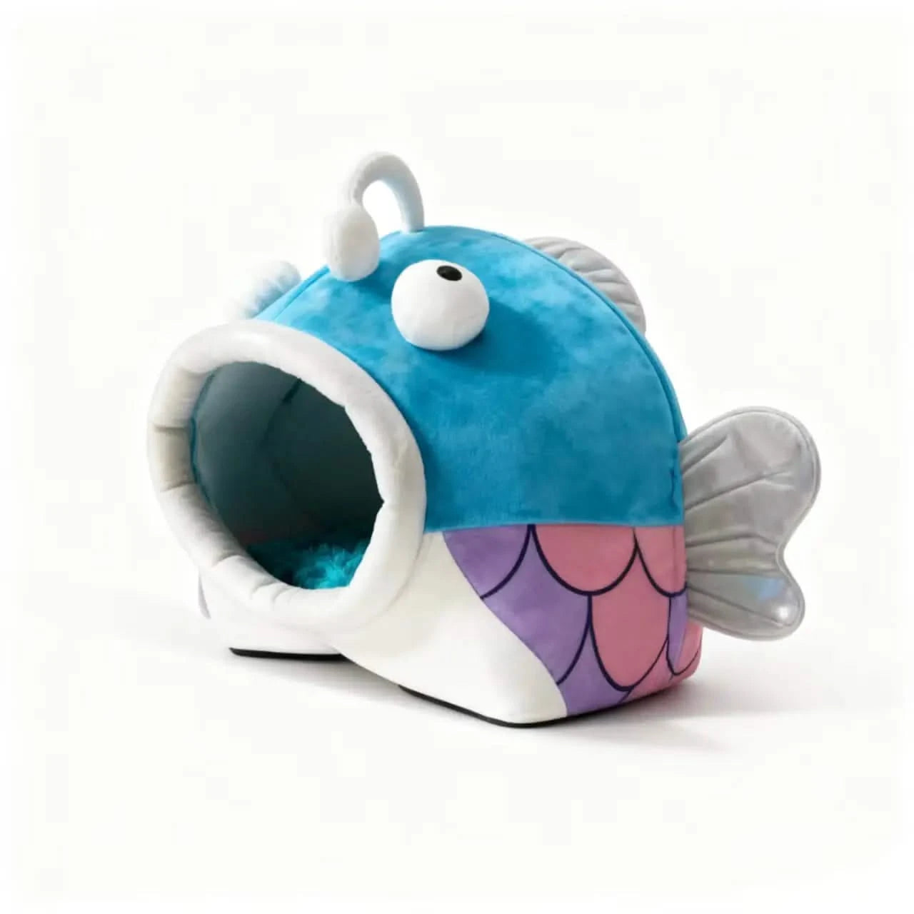  Cat Bed, Clownfish Shape, Comfortable Plush, Blue/White, Pet-Safe Material, All-Season